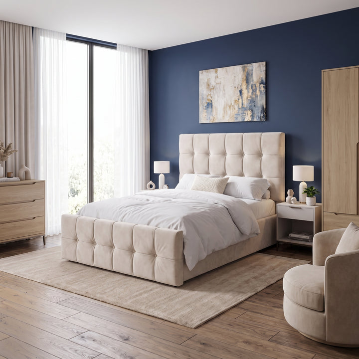 [Double | Beige] Double Ottoman Storage Bed Frame Beige Velvet Square Tufted styled in a modern bedroom against a navy wall.