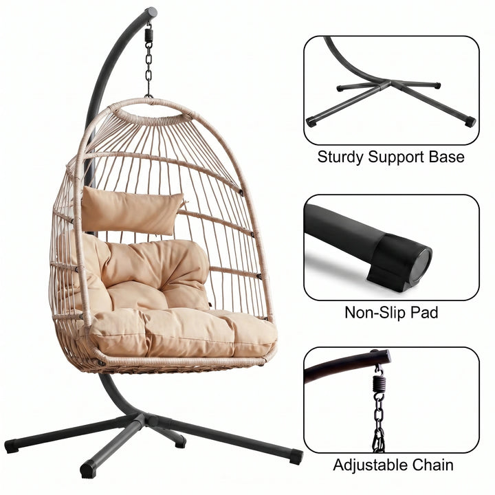 [Beige] Egg chair with cushion, non-slip pad, adjustable chain, & sturdy support base for comfort