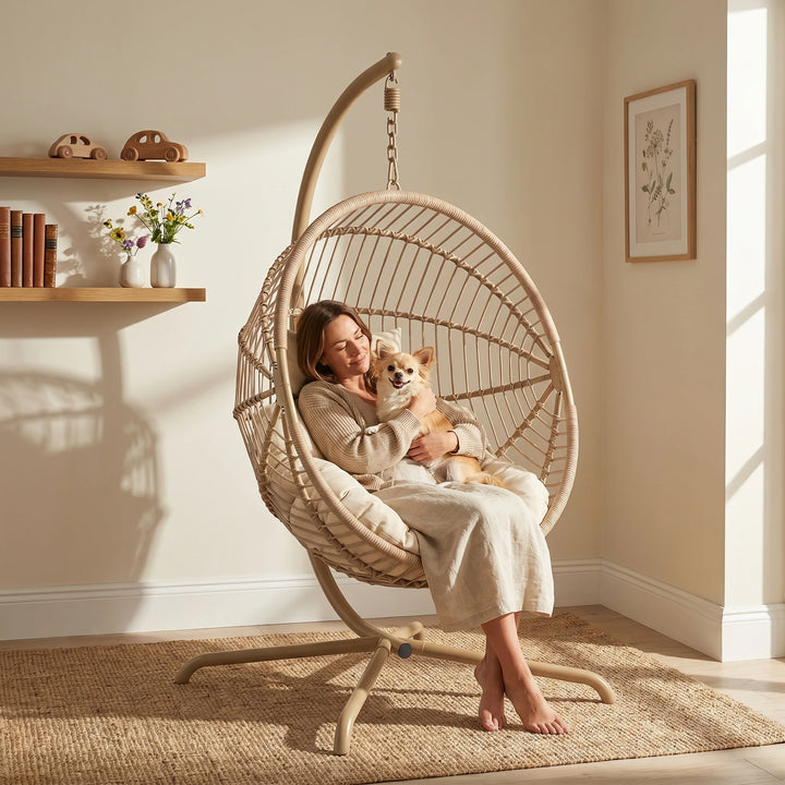 [Beige] Woman sitting in a hanging egg chair with a dog in a cozy room