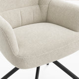 [Beige | Set of 4] Dining chair close-up of boucle seat, curved arm & stitched multi-panel back, with black metal legs below.