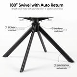 [Beige | Set of 4] Swivel view of the boucle swivel dining chair with Black metal swivel base with four legs and explanatory text showing 180° swivel and auto return features