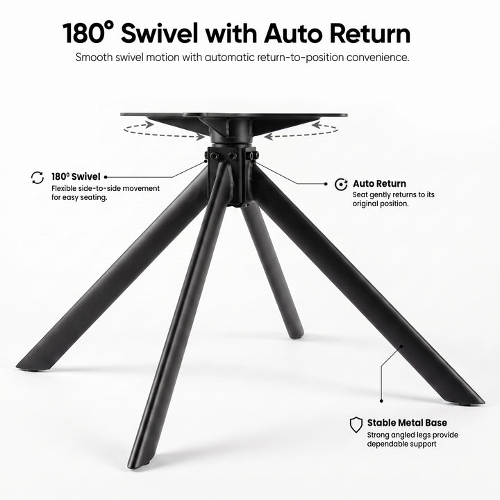 [Beige | Set of 2] Swivel view of the boucle swivel dining chair with Black metal swivel base with four legs and explanatory text showing 180° swivel and auto return features