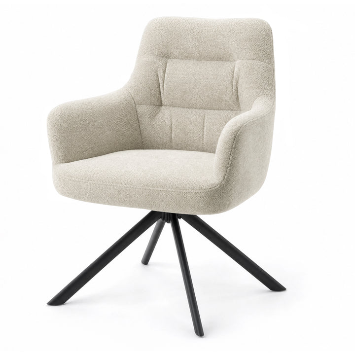 [Beige | Set of 4] Angled view of boucle swivel dining chair with rounded arms, stitched back, wide tub seat and black base.