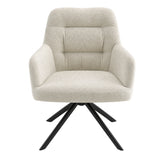 [Beige | Set of 4] Front view of swivel dining chair with rounded arms, stitched padded back, wide seat and black metal legs.