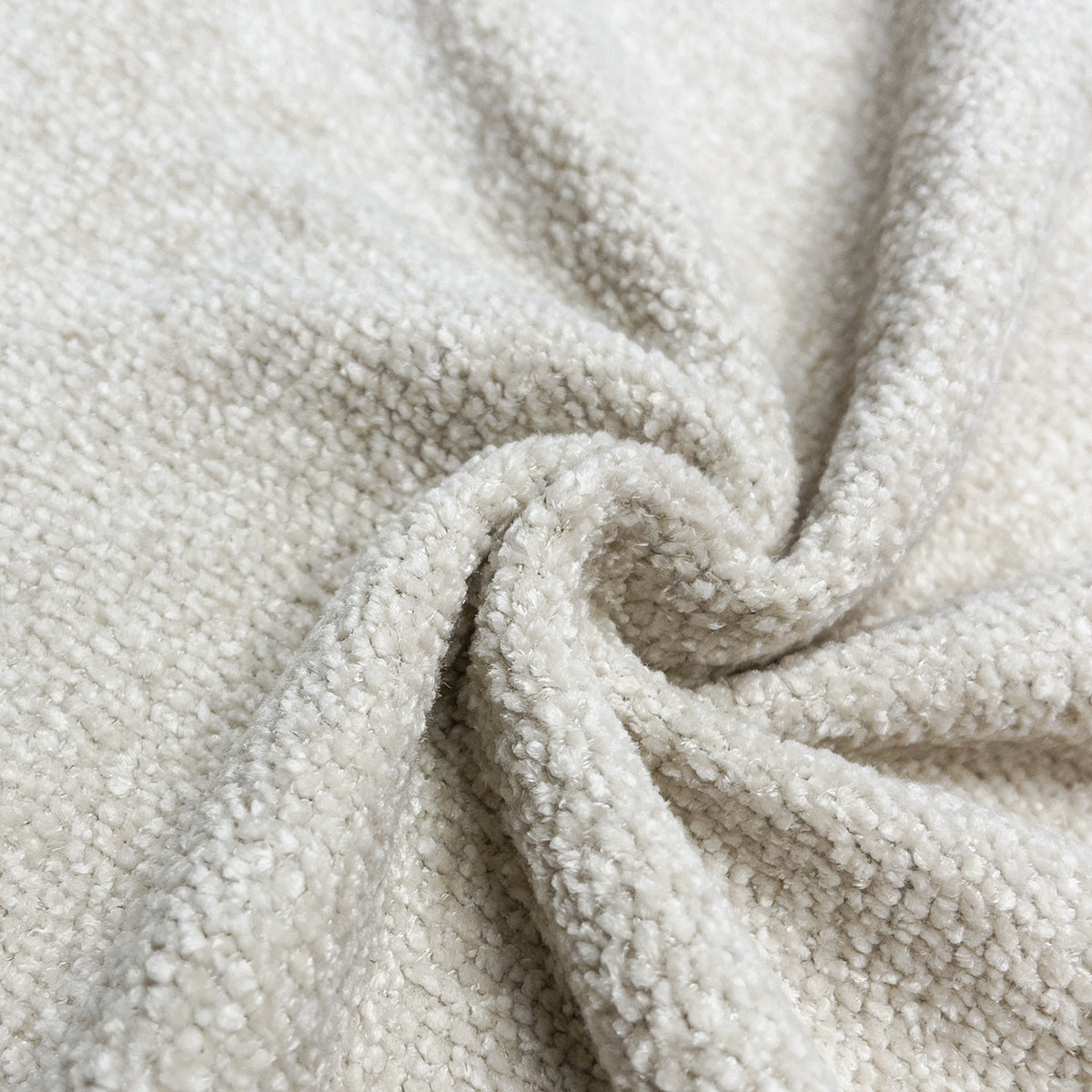 [Beige | Set of 4] Dining chair close-up view of plush chenille boucle fabric with dense loops and soft tonal shading.