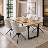 [Beige | Set of 4] Four swivel dining chairs with metal legs at a wood table set styled with plates, wine glasses and a vase.