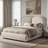 [Double | Beige] Embracea bed in an angled bedroom setting with lamp, rug, and abstract wall art in neutral tones