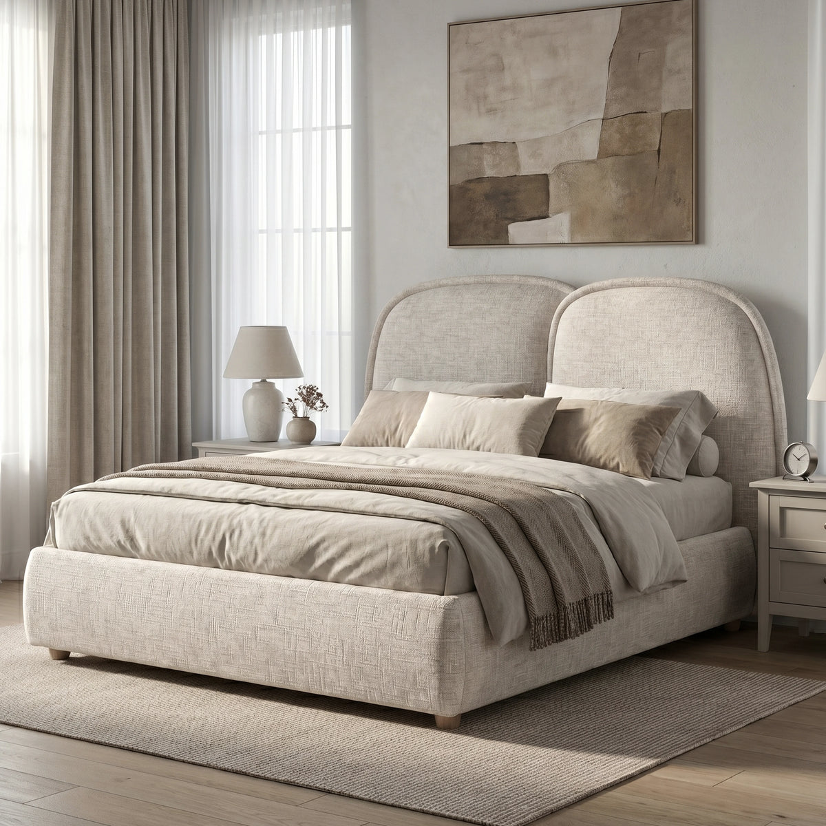 [Double | Beige] Embracea bed in an angled bedroom setting with lamp, rug, and abstract wall art in neutral tones