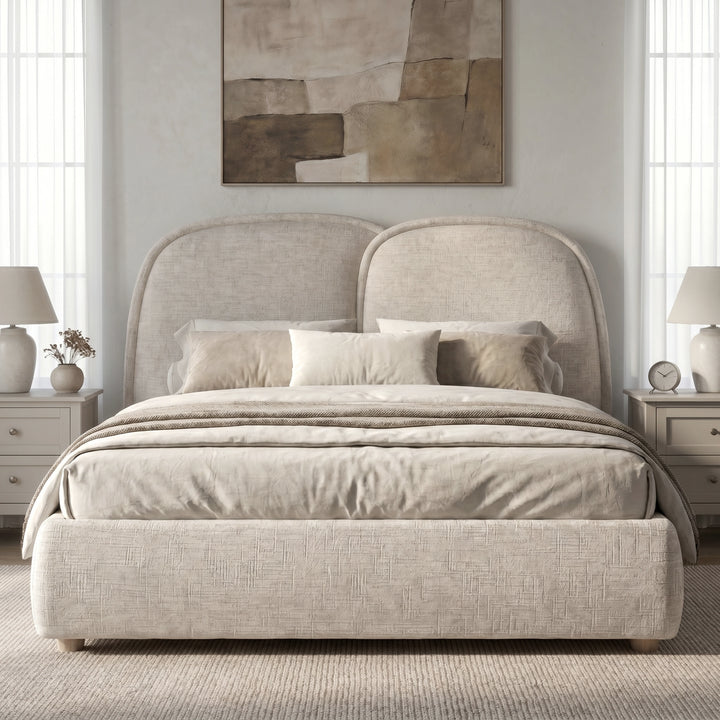 [Double | Beige] Embracea bed front view styled with matching nightstands, linen bedding, and large abstract artwork