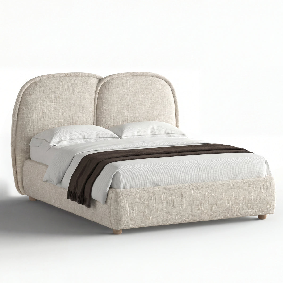 [King | Beige] Embracea bed on white background showing full silhouette with dual-arch headboard and round feet