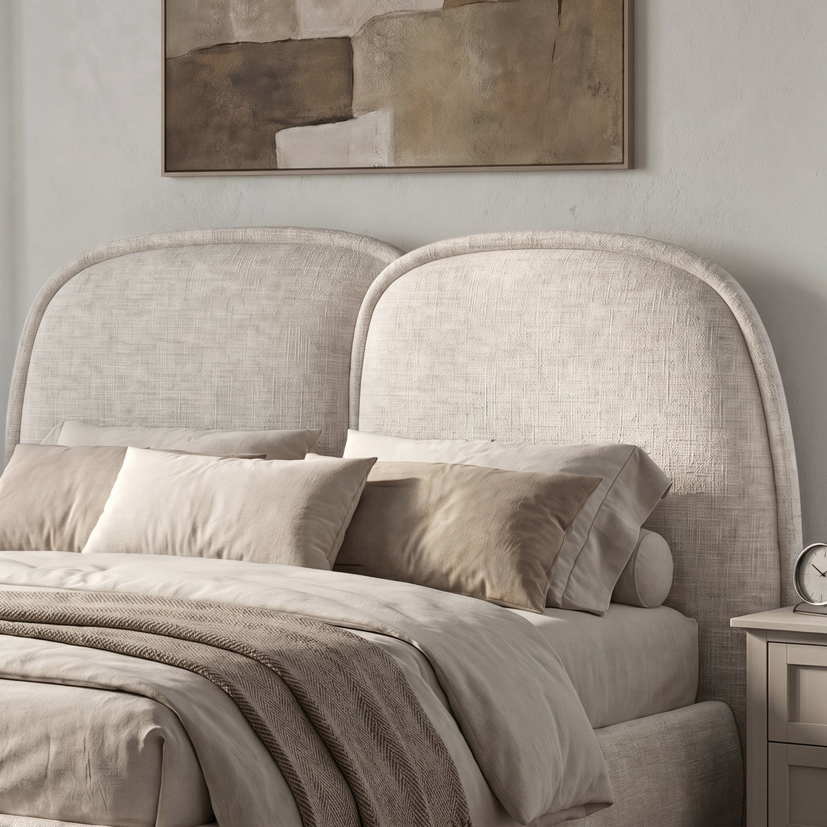 [Double | Beige] Embracea double-arch headboard close-up showing textured fabric upholstery and softly curved silhouette
 