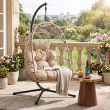 [Beige] hanging egg chair with cushioned seat and stand for stylish indoor outdoor garden lounging