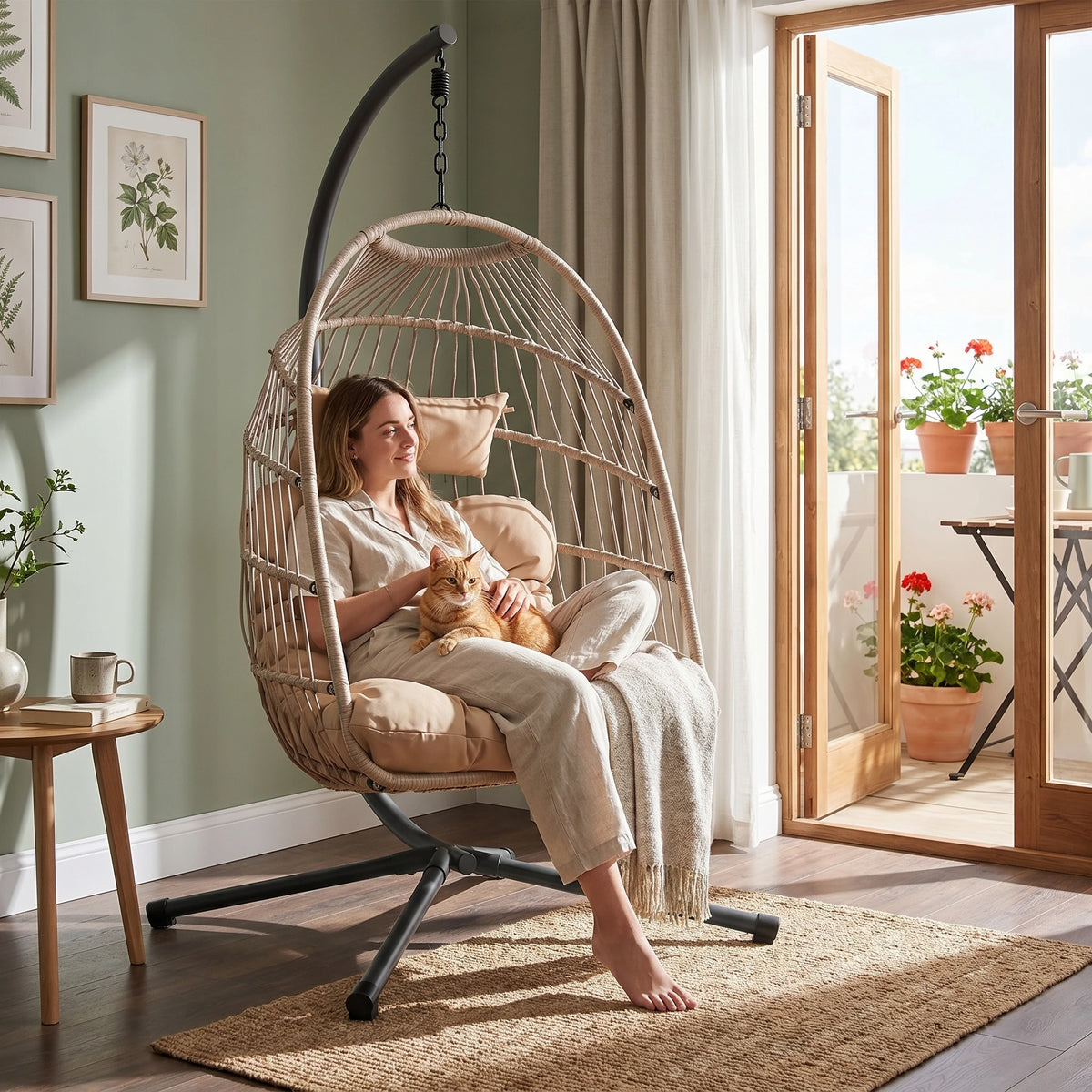 [Beige] Indoor view of beige garden egg chair with cushion and grey throw blanket
