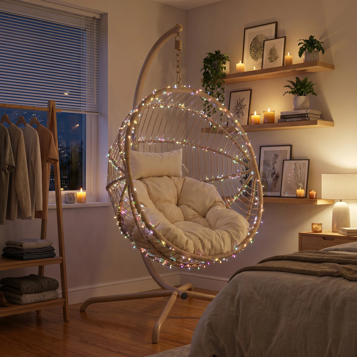 [Beige] Hanging chair with fairy lights in a cozy bedroom setting