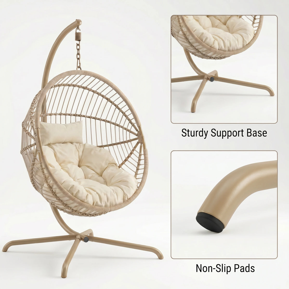 [Beige] Woven hanging chair with cushioned seat on a white background, highlighting sturdy support base and non-slip pads