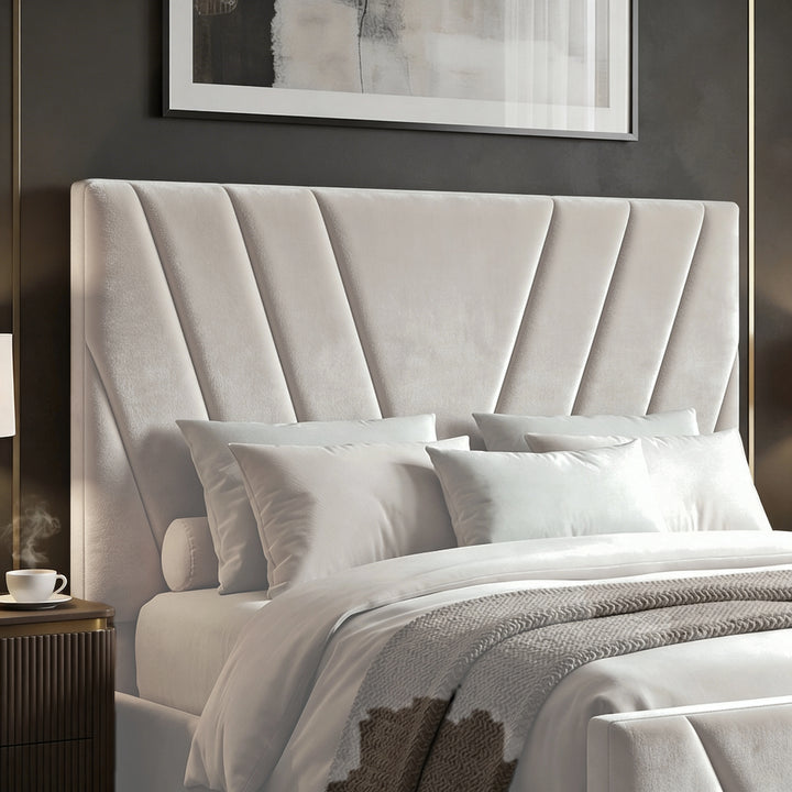 [King | Beige] Velvet headboard texture close-up with dramatic diagonal lines and white pillows below