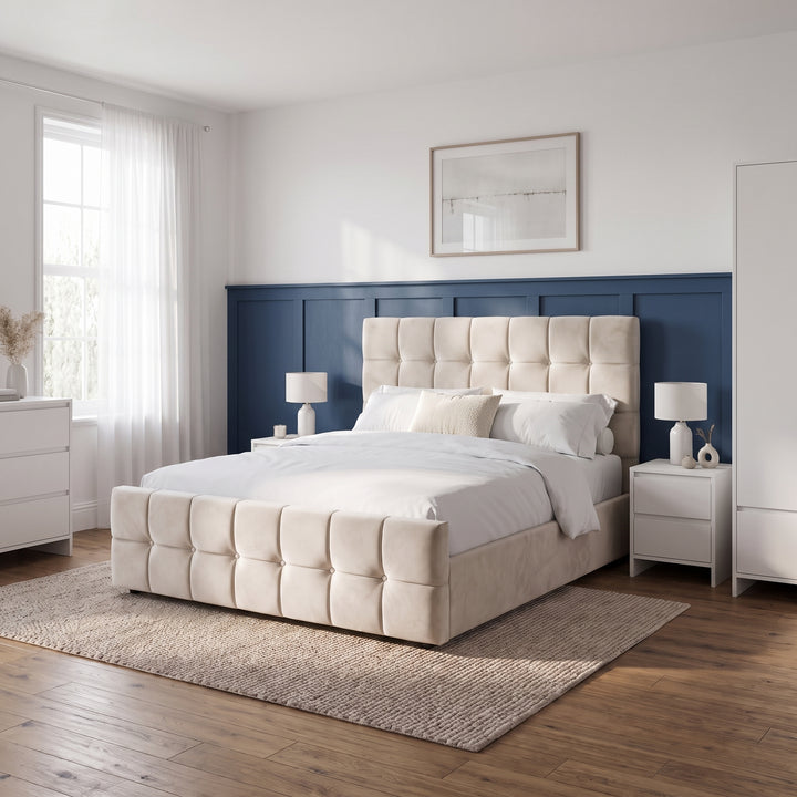 [King | Beige] King Ottoman Storage Bed Frame Beige Velvet Square Tufted styled in a spacious bedroom with navy blue wall panelling.