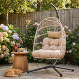 [Beige] Outdoor hanging chairs garden egg chair with beige cushions and sturdy metal stand