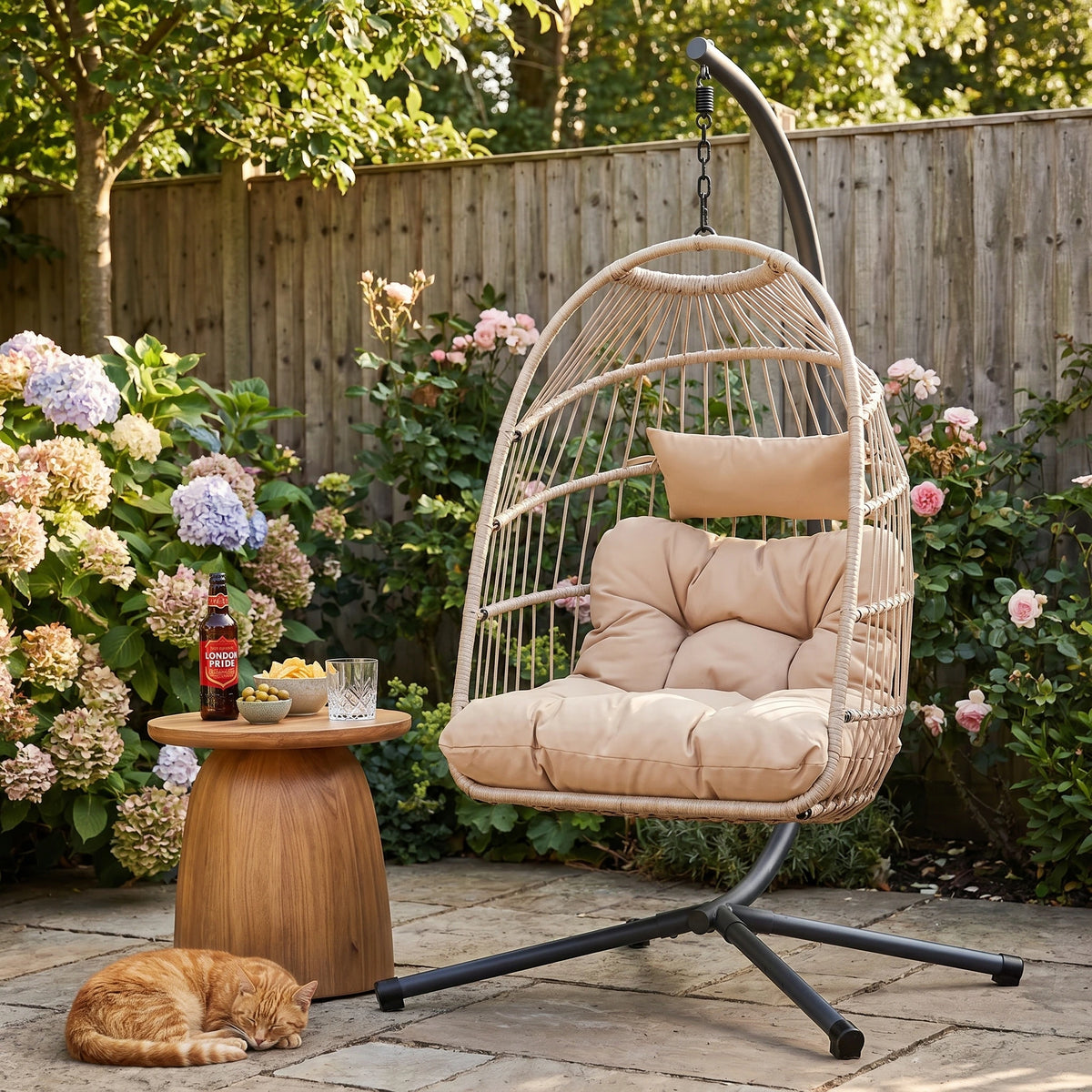 [Beige] Outdoor hanging chairs garden egg chair with beige cushions and sturdy metal stand
