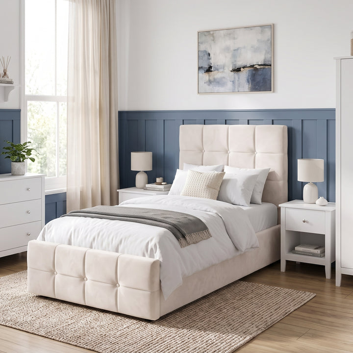 [Single | Beige] Single Ottoman Storage Bed Frame Beige Velvet Square Tufted styled in a modern bedroom setting with blue wall panelling.