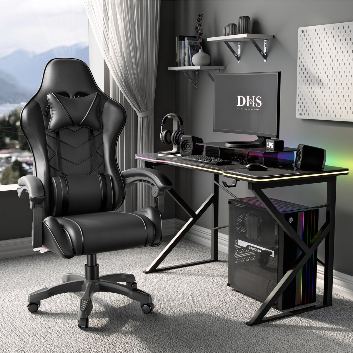 [Black] Ergonomic gaming chair with lumbar support and padded armrest in black leather finish, placed beside a modern gaming desk setup in a home office.