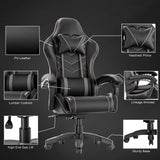 [Black + Grey] Ergonomic Home Office Chair with lumbar support, padded armrest, PU leather, headrest pillow, and sturdy base. Ideal for long gaming or office sessions.