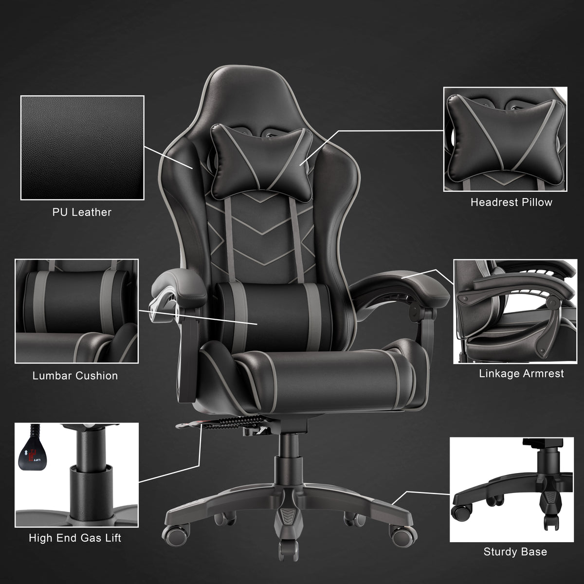 [Black + Grey] Ergonomic Home Office Chair with lumbar support, padded armrest, PU leather, headrest pillow, and sturdy base. Ideal for long gaming or office sessions.
