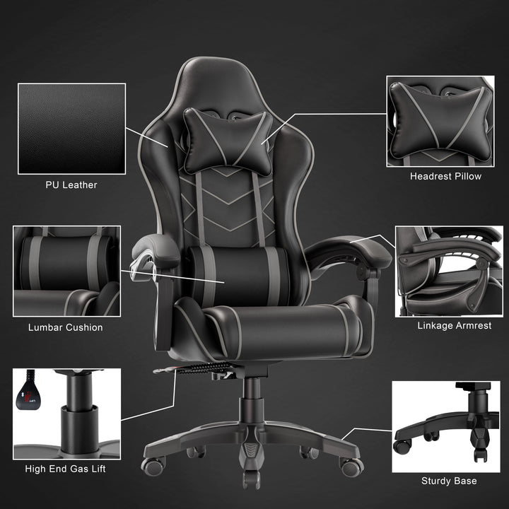 [Black + Grey] Ergonomic Home Office Chair with lumbar support, padded armrest, PU leather, headrest pillow, and sturdy base. Ideal for long gaming or office sessions.