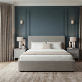 [Double | Light Grey]  Best ottoman bed frame double with upholstered headboard and footboard placed in the middle of a modern room