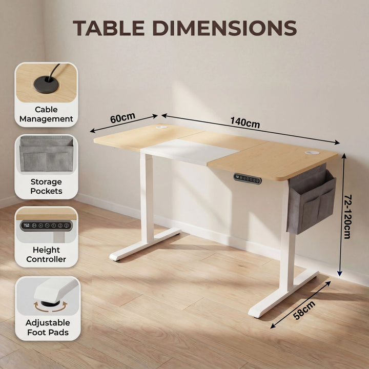 [140cm x 60cm] size schematic 140cm by 60cm pine standing desk, height 72-120cm, with controller and pocket call-outs