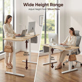 [140cm x 60cm] two-figure comparison around 140cm pine standing desk, max 120cm standing left, min 72cm seated right