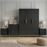 [Black] four piece bedroom furniture set placed on wooden flooring, including a wardrobe, dresser, and two bedside tables