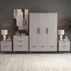 [Grey] four piece bedroom furniture set with a wardrobe, chest of drawers, and two bedside cabinets