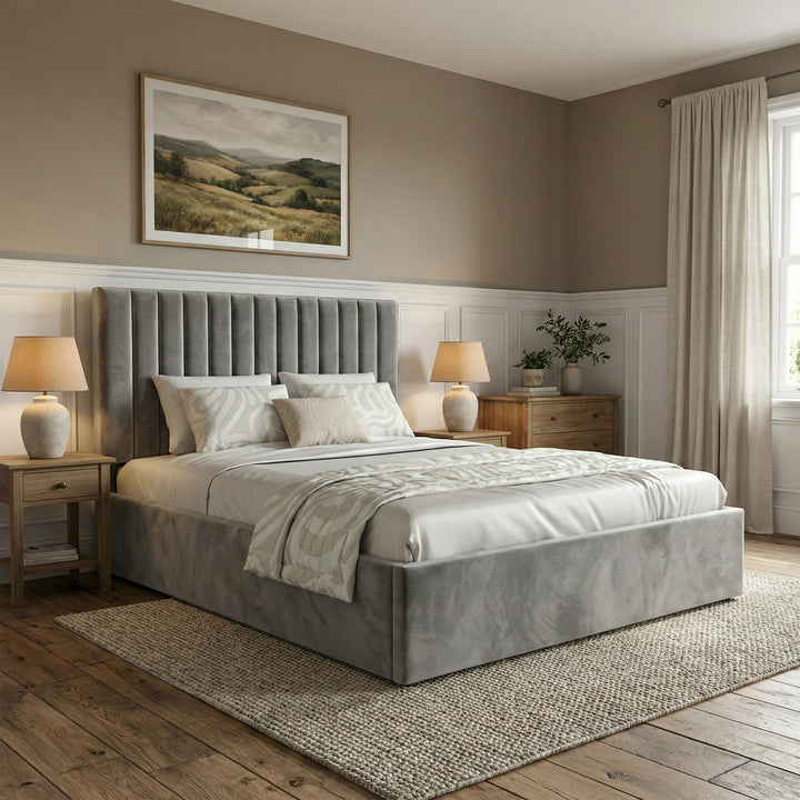 [Grey | Double] Ottoman storage bed with fluted headboard in cottage-style room with wooden bedside tables and table lamps