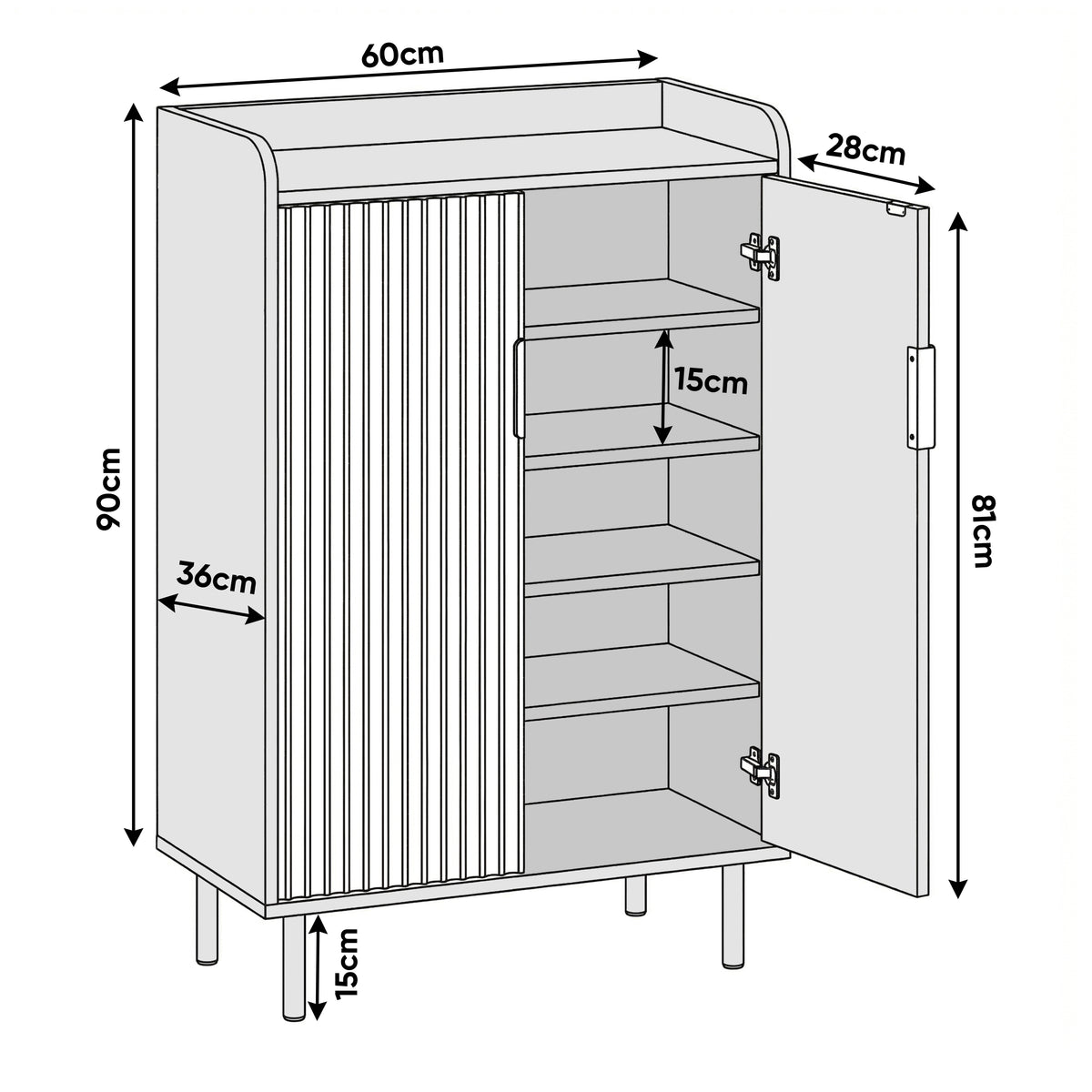 [Black] Flutrina shoe cabinet dimension diagram showing W60 x D28 x H90cm with 15cm shelf spacing and 36cm depth