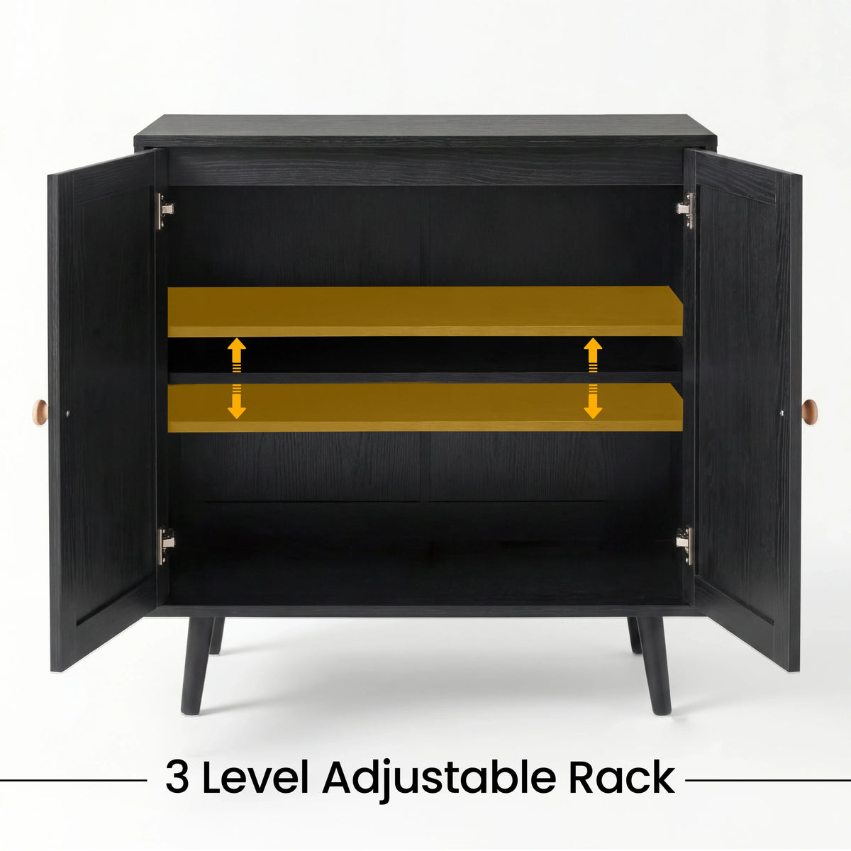 [Black] rattan sideboard interior diagram with arrows highlighting the three adjustable shelf height options