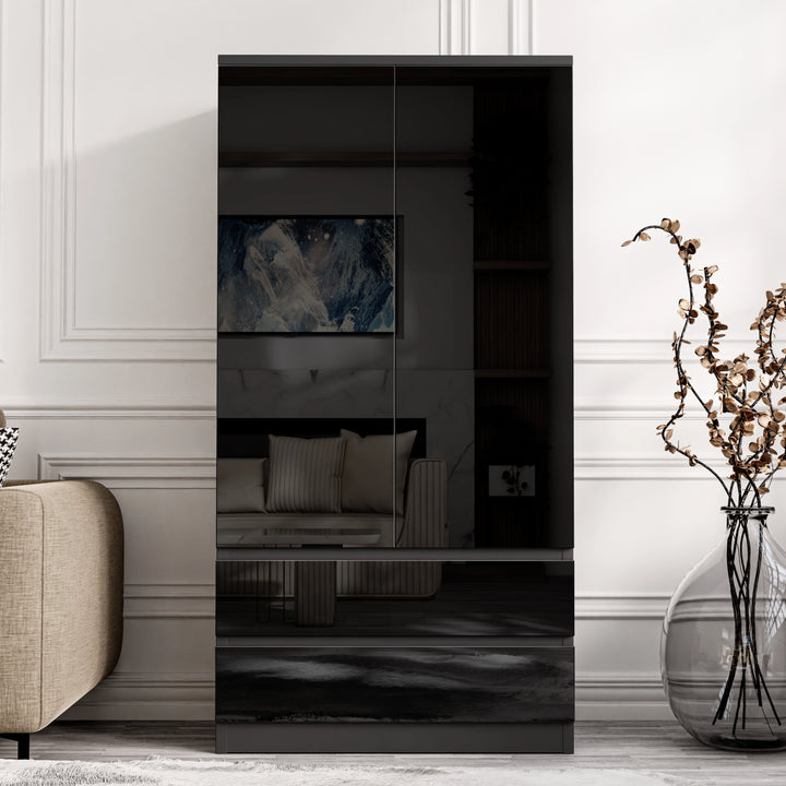 [Black] double wardrobe with reflective gloss front and two bottom drawers in modern bedroom setting