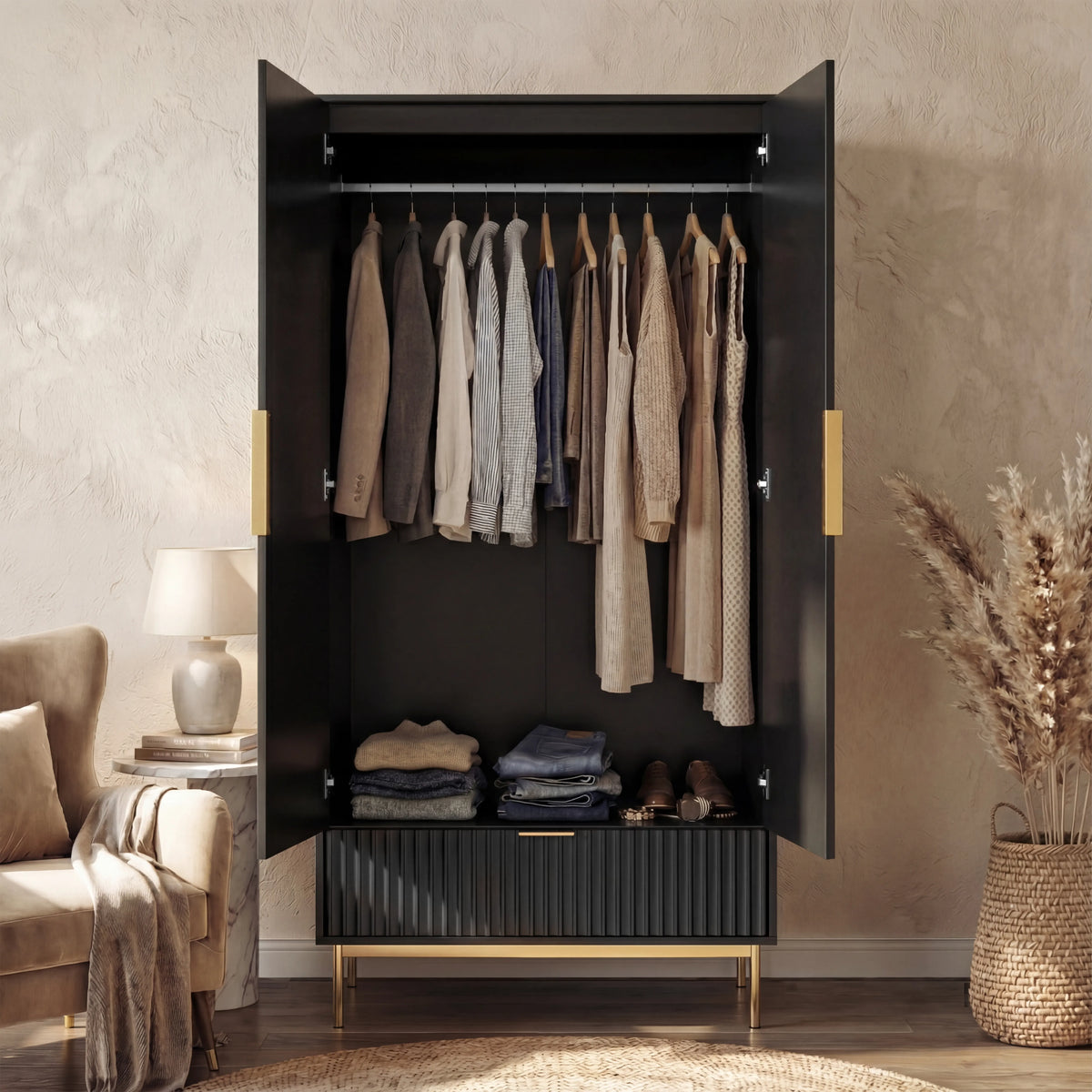 [Black] flutrina black 2 door wardrobe with both doors open showing a full hanging rail and pulled-out base drawer