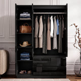 [Black] Interior of black triple wardrobe with four shelves on left and full-width hanging rail on right side.