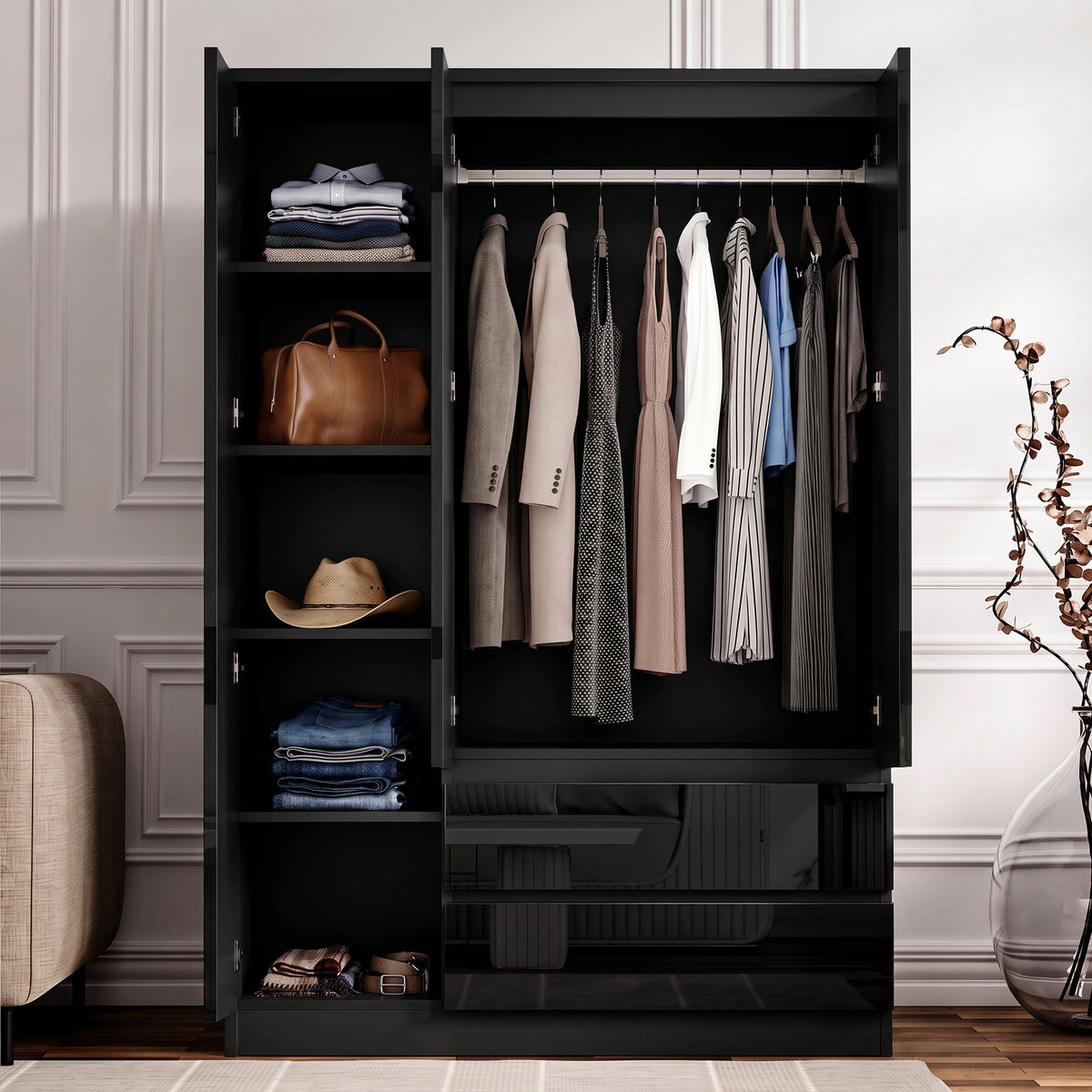 [Black] Interior of black triple wardrobe with four shelves on left and full-width hanging rail on right side.
