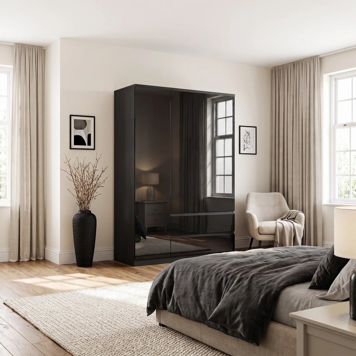 [Black] A modern bedroom featuring a tall, glossy black wardrobe doors, styled in a bright, contemporary room with beige curtains, a bed with dark gray bedding, and a beige armchair.