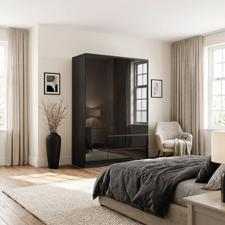 [Black] A modern bedroom featuring a tall, glossy black wardrobe doors, styled in a bright, contemporary room with beige curtains, a bed with dark gray bedding, and a beige armchair.