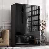 [Black] High gloss 3 door wardrobe with drawers in black featuring handleless push-open doors and two bottom drawers