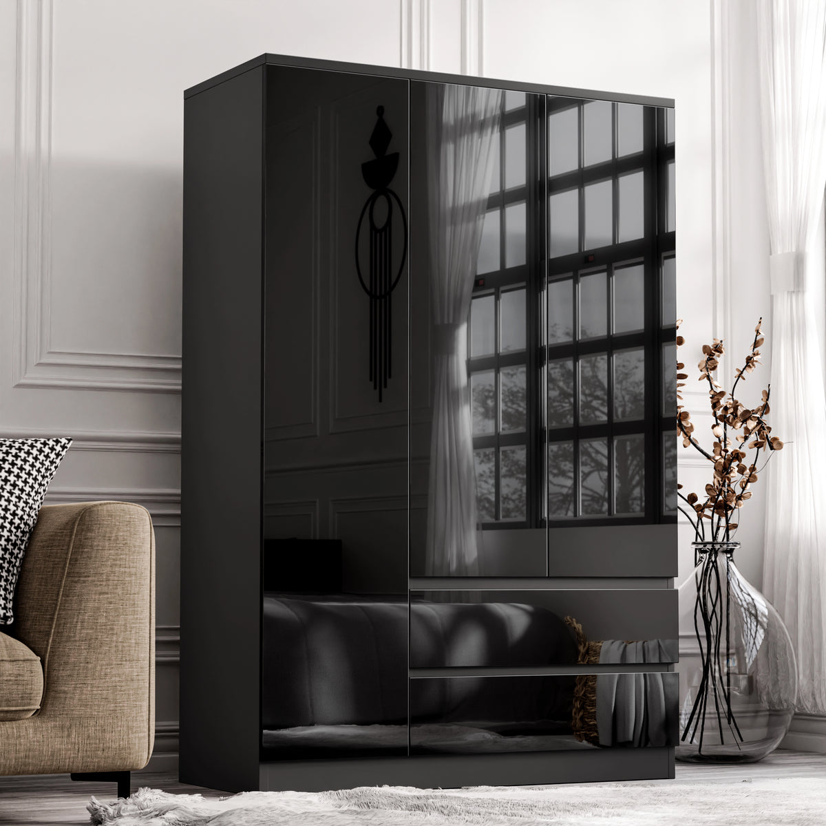 [Black] High gloss 3 door wardrobe with drawers in black featuring handleless push-open doors and two bottom drawers
