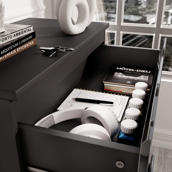 [Black] high gloss 3 drawer chest open drawer showing tape rolls pen and HOTEL-DIEU book stored neatly