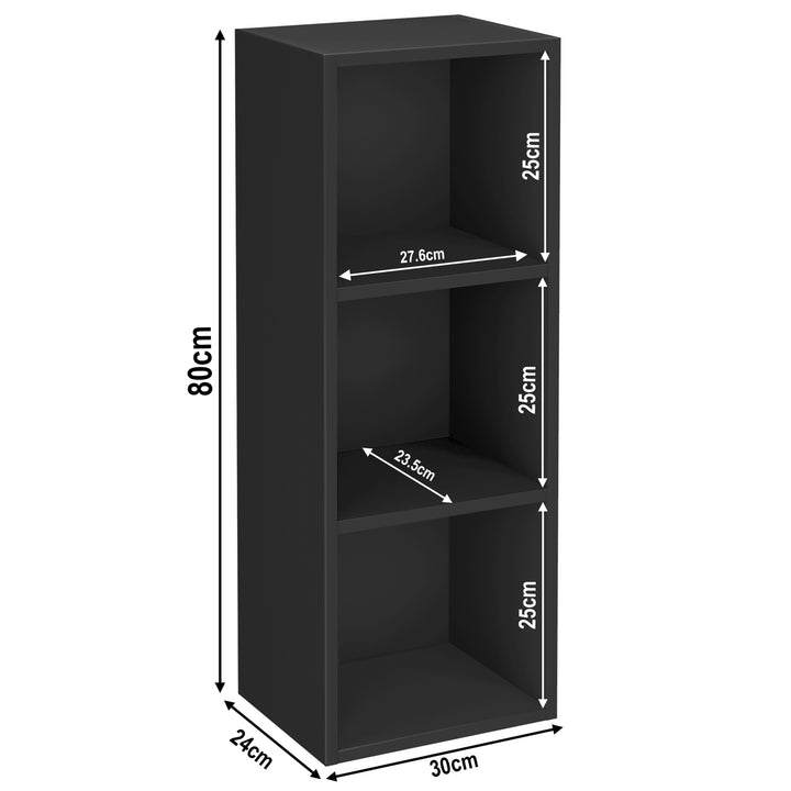 [3 Shelf | Black] schematic of three-cubby half-height black unit, 30 x 24 x 80 cm; pairs brass candleholder