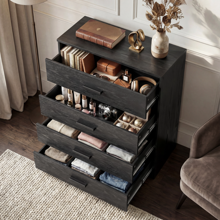 [Black] four-drawer chest shown at an angle with drawers open, revealing storage depth and layout
