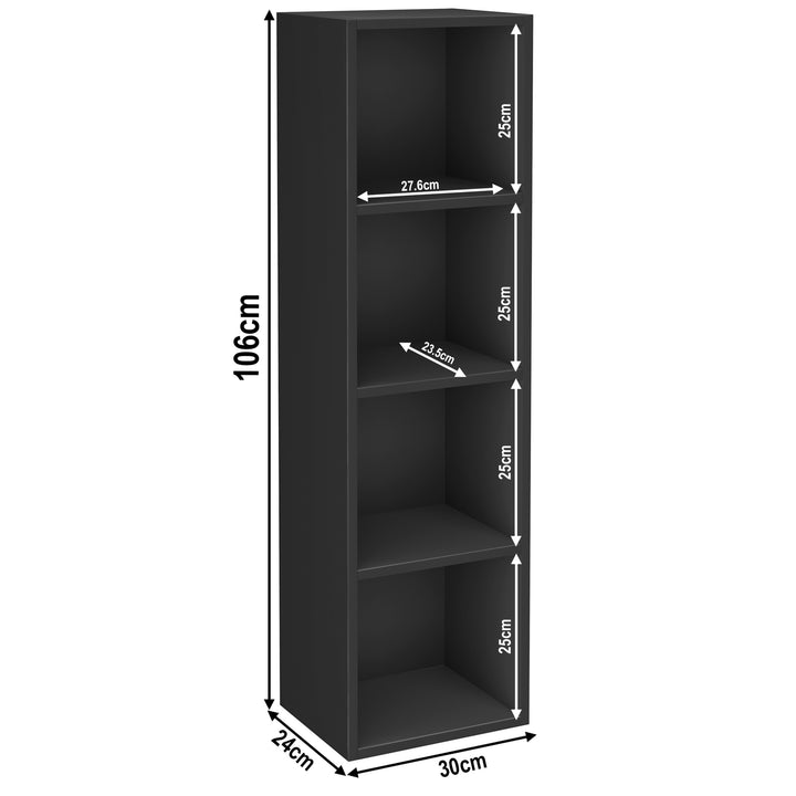 [4 Shelf | Black] diagram of matte black 4-shelf bookcase, 30W x 24D x 106H cm; for warm low-lit den