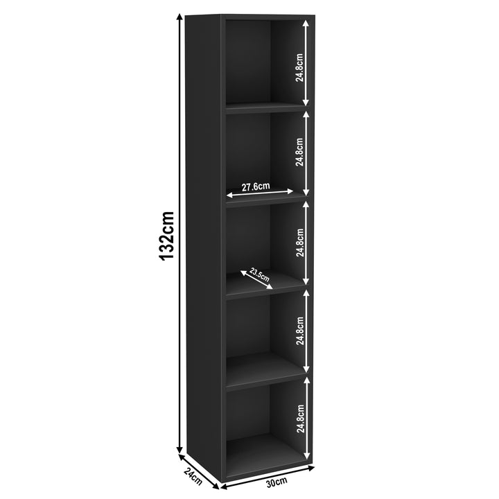 [5 Shelf | Black] schematic of five-cubby floor-to-eye black unit, 30 x 24 x 132 cm; pairs brass candleholder