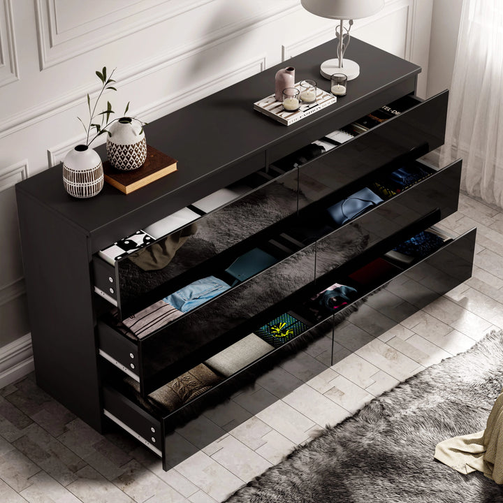 [Black] High Gloss Large 6 Drawer Chest of Drawers bedroom dresser in black finish with open drawers showing organised clothes